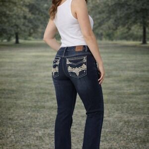 ESDVQ Embellished Pocket Jeans Womens Small Dark Wash Bootcut Stretch Denim